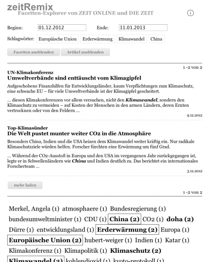 Screenshot der zeitremix Anwendung mit den Schlagworten: Europäische Union Erderwärmung Klimawandel China
