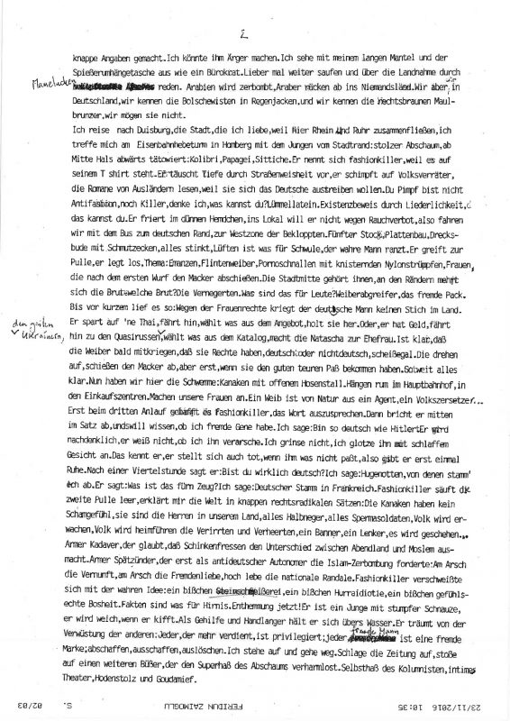 Faksimile des Faxes von Feridun Zaimoglu, S.2