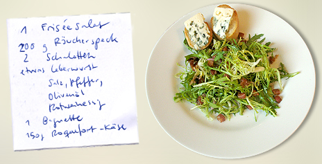 Frisée aux Lardons – Frisée-Salat mit Speckwürfeln und Leberwurst-Vinaigrette