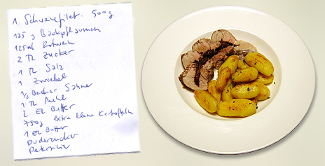 Pflaumengefülltes Schweinefilet mit glasierten Kartoffeln