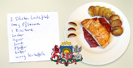 Lachs mit Pflaumenkompott und Bratkartoffeln – aus Lettland