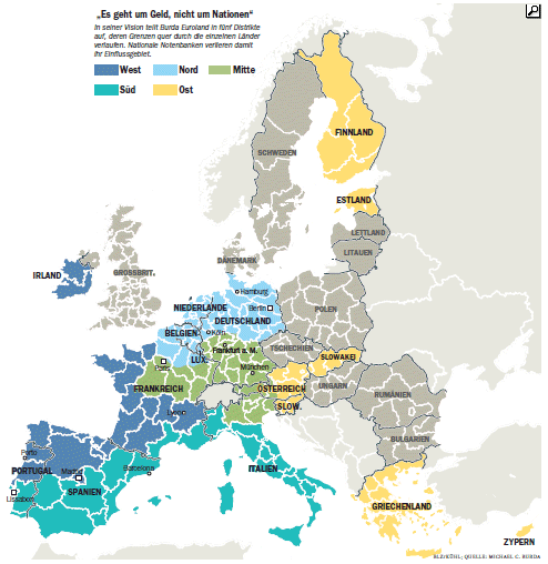 Grafik: Das Eurosystem mit fünf Distrikten: Ein Vorschlag von Michael Burda