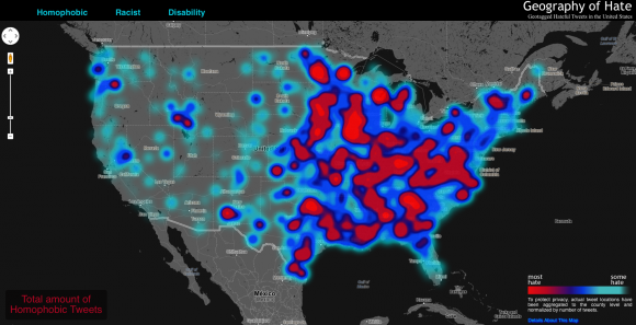 Hate Map - Verteilung von homophoben Tweets zwischen Juni 2012 und April 2013 in den USA