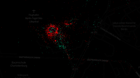 Flughafen Berlin-Tegel, zu sehen sind Geodaten von Tweets, geschrieben mit einem iPhone (rot) und einem Android-Gerät (grün). Eric Fischer/MapBox