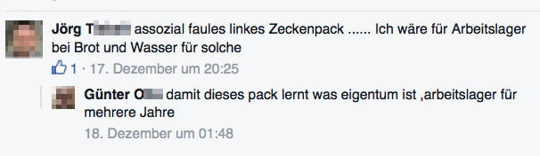 Facebook-Kommentar des ehem. NPD-Landtagskandidaten Jörg T. über Wagenplatzbesetzer