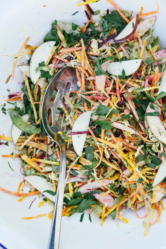 shredded brussels sprouts + fall vegetable salad w/ garlicky orange tahini dressing http://www.thefirstmess.com/2013/11/06/shredded-brussels-sprouts-fall-vegetable-salad-garlic-orange-tahini-dressing/