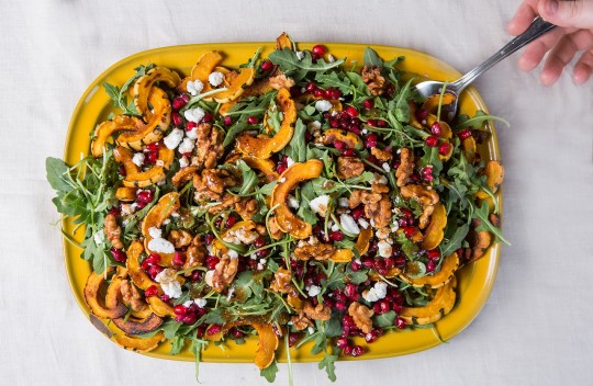 Roasted Delicata Squash Salad with Pomegranate and Goat Cheesehttp://www.dinnerwasdelicious.com/post/64845090275/roasted-delicata-squash-salad-with-pomegranate-and